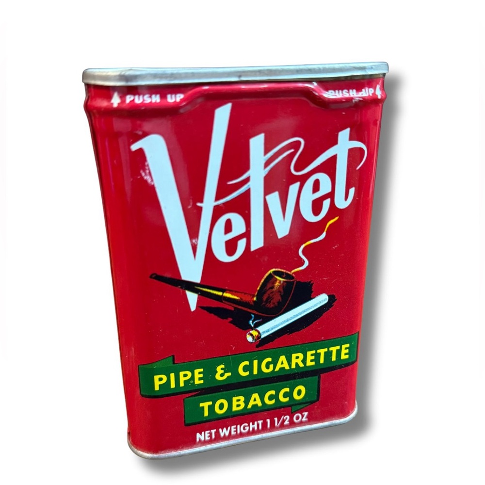 Vintage Velvet Red Pipe & Cigarette Tobacco Tin Container 1.5 oz